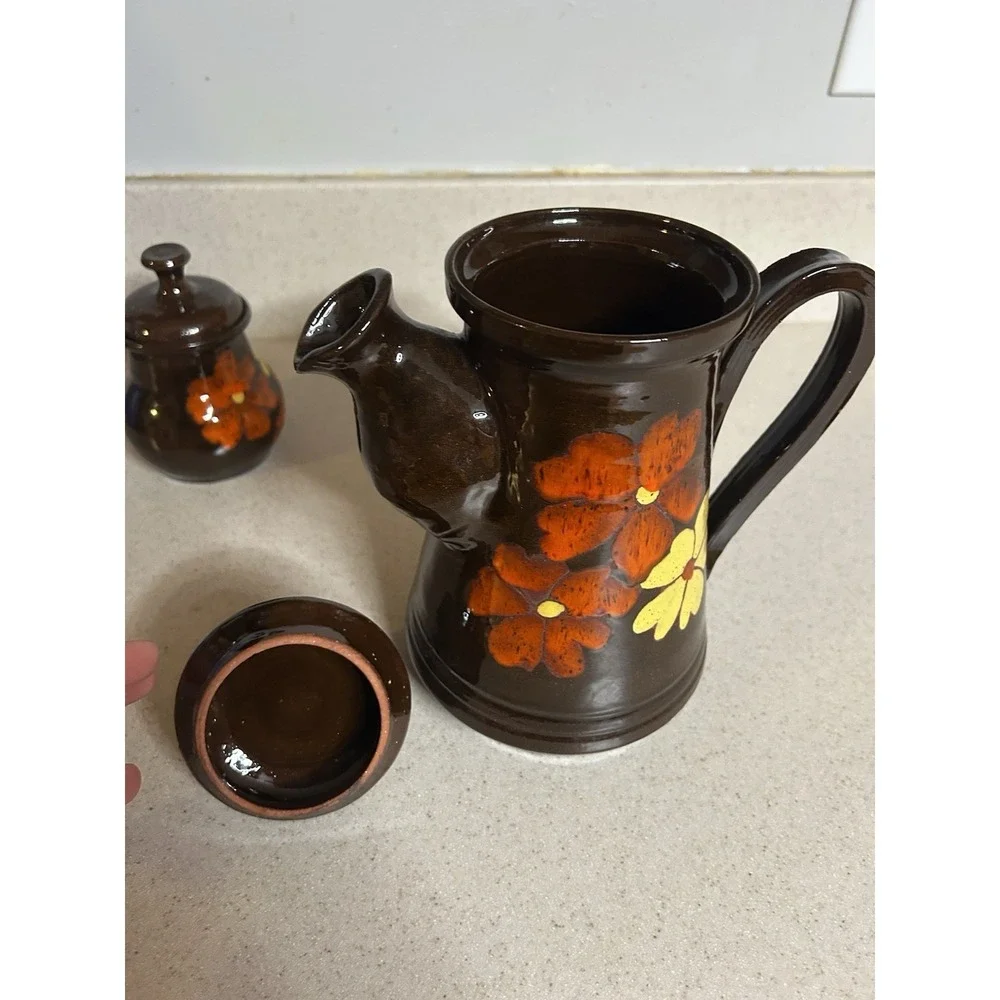 Vintage 70's Hand painted Tea/coffee Pot With Sugar Bowl Clay Glazed Flowers‎